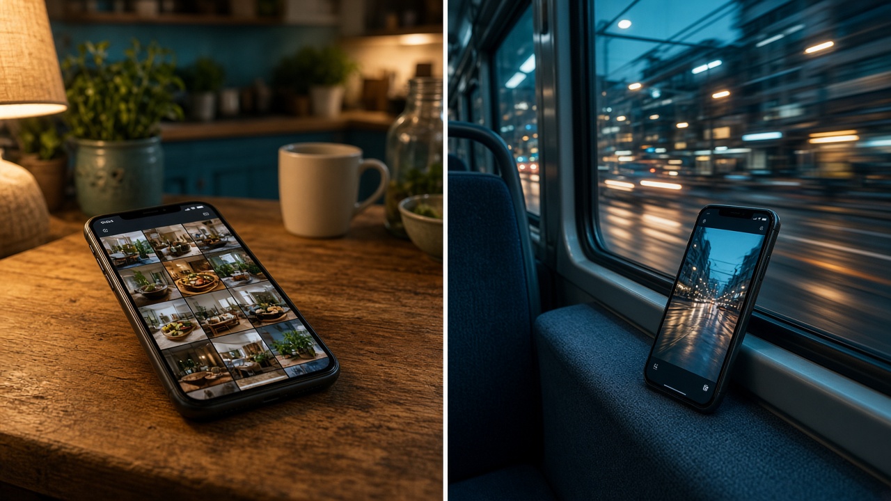 A 4G home router on a shelf and a phone showing 5G on a city street