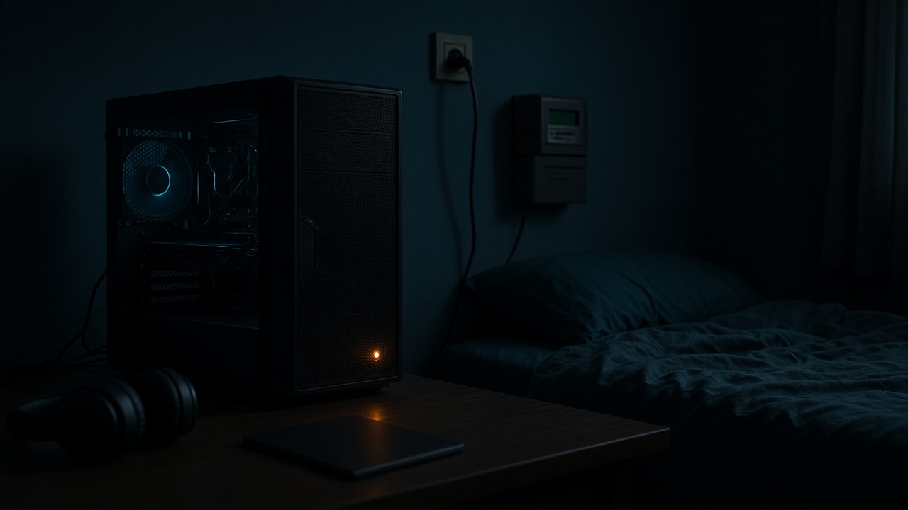A desktop tower with clear space around the fans and a laptop closed on the same desk