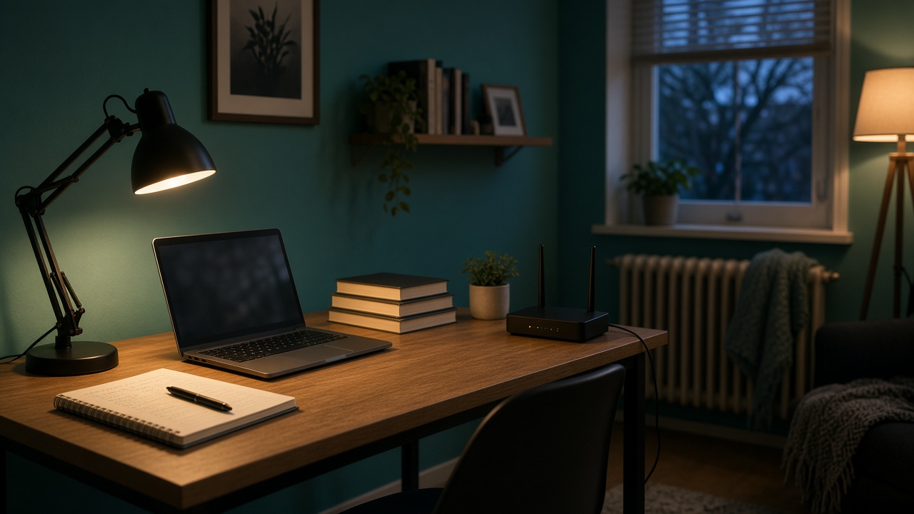 A laptop and a phone on a shared desk in a student flat with the router in the background